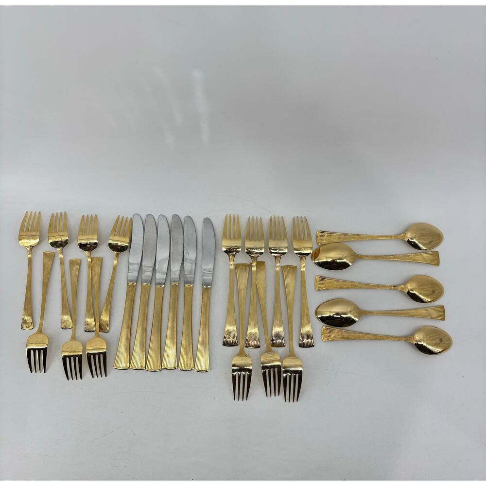 Golden Barclay Gold Tone Flatware 25 Pcs Hollywood Regency Fork Spoon - Picture 2 of 10